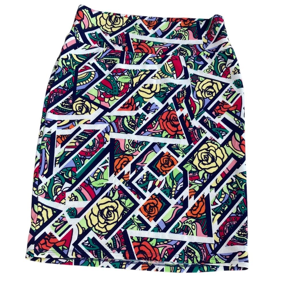 LuLaRoe Cassie skirt Sz L Stretch Pencil comic book roses paisley floral flower